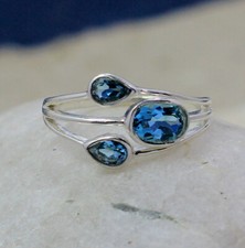 Designer Swiss Blue Topaz Gemstone Three Stone Ring 925 Sterling Silver MR1928