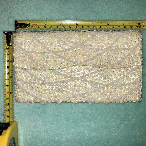 Bradlees Sequin Iridescent Clutch Purse Bag Bridal Vtg Glam Ivory Snap Formal - Picture 12 of 12