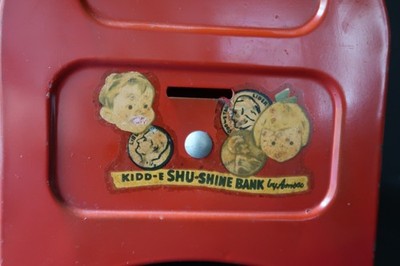 Vintage Amsco Shu Shoe Shine Bank for Kiddies Red Tin  Toy 1950's Red Metal Box