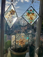Vintage Leaded Stained Glass Suncatchers Lot of 4 Pressed Dried Flowers Wall Art