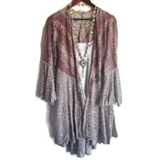 UMGEE Kimono Womens Jacket Boho Chic Festival Open Ruffle Olive Pink Mix Print S