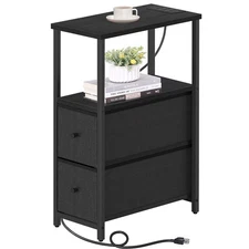Small Narrow End Table Charging Station Nightstand 2 Drawers USB Outlet Black