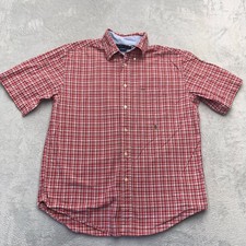 Tommy Hilfiger Shirt Mens Medium Red Plaid Cotton Short Sleeve Logo Button Up