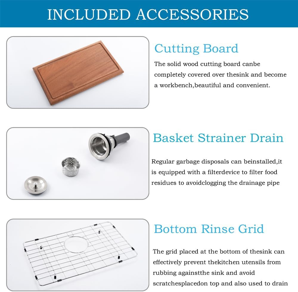 33 Inch Drop In Kitchen Sink Workstation with Accessories Gauge Stainless Steel
