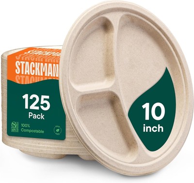 100% Compostable, 3 Compartment, Disposable 10'' Sectional Plates, Unbleached 
