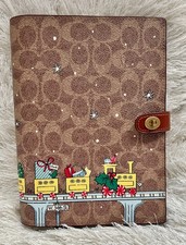 COACH Notebook In Signature Canvas Brass/Tan with Holiday Train- New