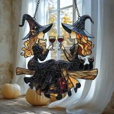 Best Friends Slay Suncatcher, Witchy Halloween Window Decor with Cats