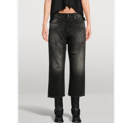 R13 2024 Tailored Drop Crotch Crop Jeans Black Distressed Straight Leg Denim 24