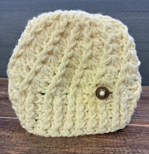Handcrafted Crocheted Chunky Knit Baby Beanie Hat 0-3 Cream And Gold With Button
