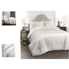 Hygge Geo Pattern Striped 3 Piece Quilt Bedding Set, Full/Queen, Taupe & White