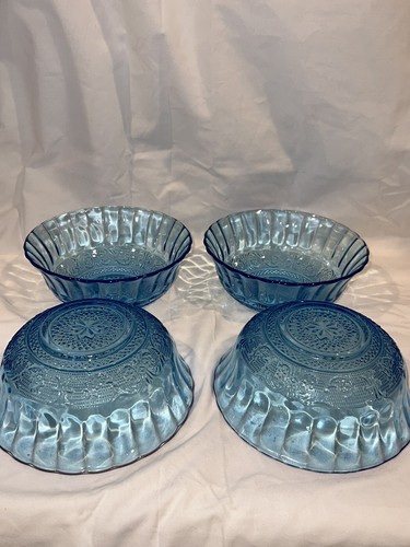 Vintage Firna Indonesia Gorgeous Clear Blue Glass Bowls 7" Set Of 4 Fleur de Lis - Picture 3 of 20