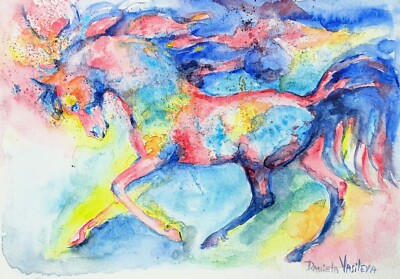 Blue stallion Original watercolor painting,equine,Horse running equestrian art 