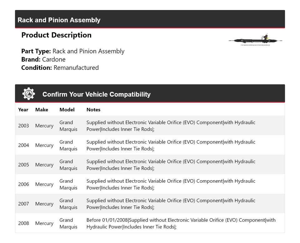 Montaje de piñón y cremallera Mercury Grand Marquis 2003-2008 cardone 2004 2005 Foto 2 de 4