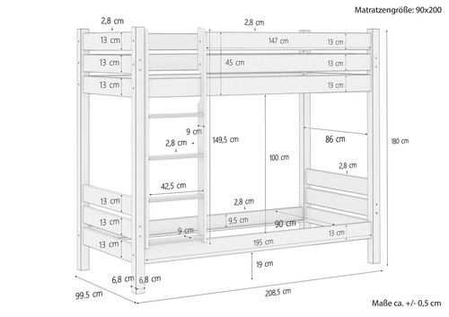 Etagenbett Hochbett Stockbett Massivholz 90x200 Holzbett Gästebett Doppelbett - Bild 4 von 11