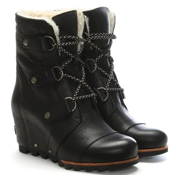 sorel joan of arctic warm shearling leather lace up wedge boots