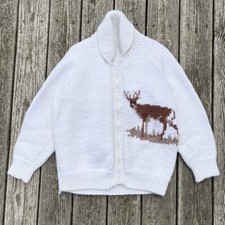 Vintage 60s Mary Maxim Deer Chunky Knit Zip Up Cowichan Cardigan Sweater Jacket