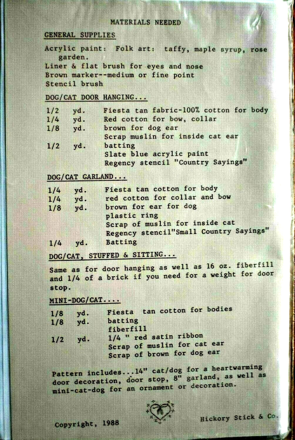 HICKORY STICK PATTERN H117  HEARTWARMERS CAT DOG  TO MAKE UNCUT VINTAGE 1988