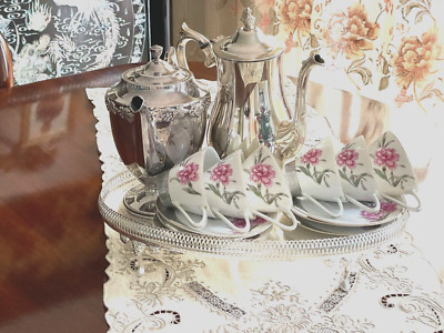 WONDERFUL MID CENTURY TEA & COFFEE SET FOR 6 SIVER PLATED TRAY C 1950'S