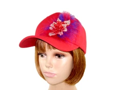 Red Baseball Cap Hat Rhinestone Flower Marabou Feathers Society Lady