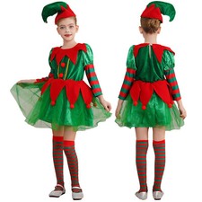 Girls Christmas Stripes Santa Claus Party Xmas 3Pcs Elf Masquerade Outfit Dance