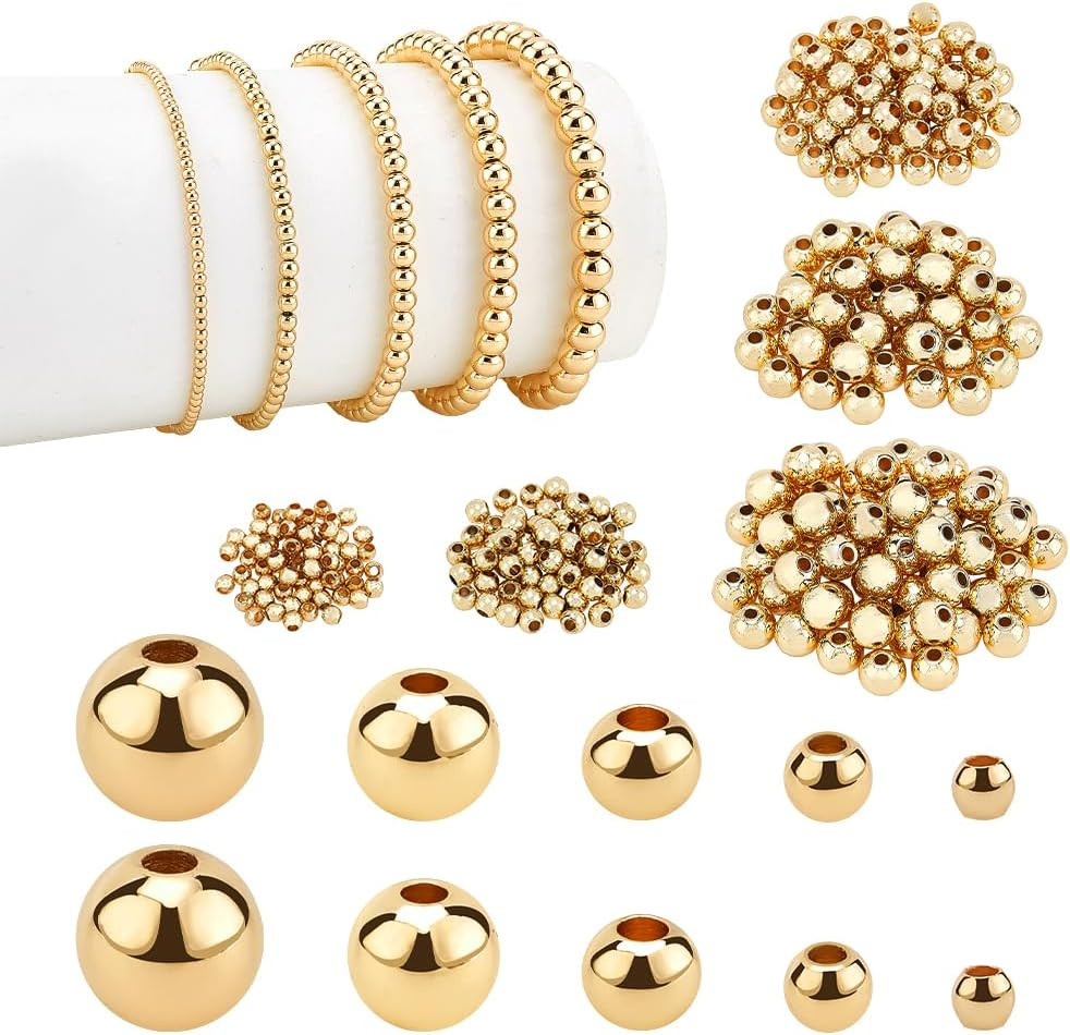 14K Gold Plated Spacer Beads, 300Pcs round Brass Beads 5 Size Metal Smooth Beads