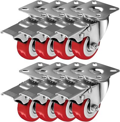 #ad 8 Pack with Brake Caster Wheels Swivel Plate Casters on Red Polyurethane Wheels $27.99