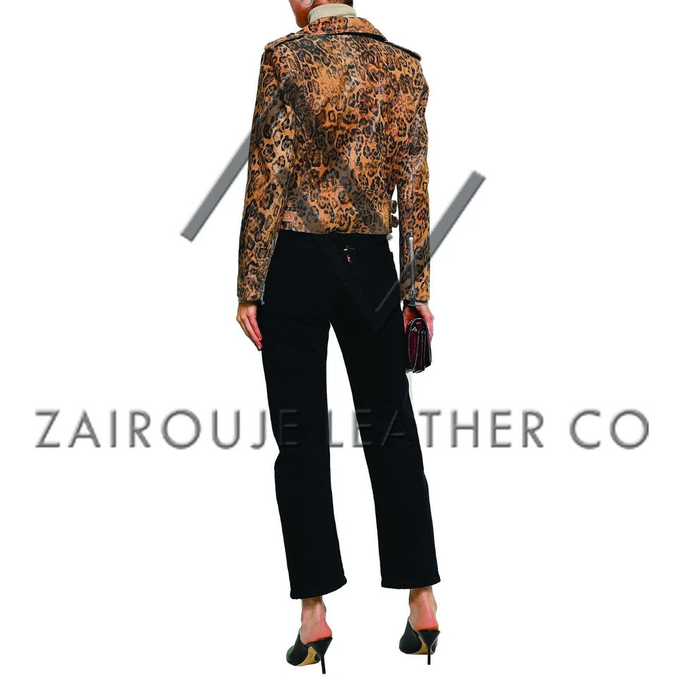 Womens Leather Motorcycle Jacket Leopard Print Biker Moto Zip Up Trendy Coat - Image 4 of 4