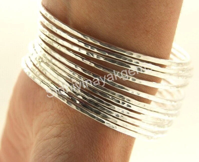 7 Day Bangles Thin Sparkly Silver Bangles Set of 7 Bangle Hammered Bangle CM15