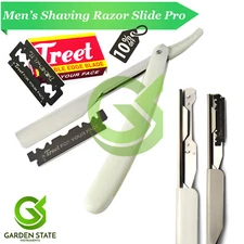 Personal Shaving Razor Straight Edge Folding Knife Sliver Slide White Handle 