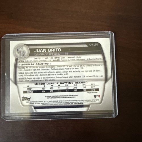 2023 Bowman Chrome Prospect Auto Yellow Refractor /75 Juan Brito #CPA-JBO Auto - Picture 2 of 2