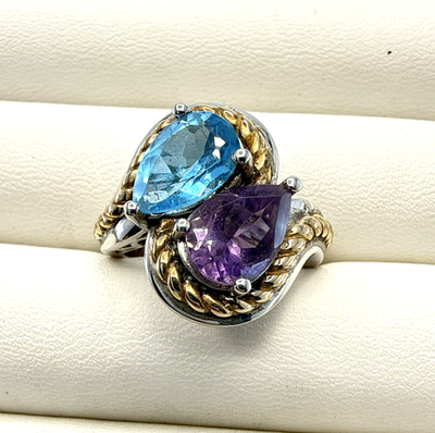 #ad Victoria Wieck Ring Amethyst Blue Topaz Sterling Silver 925 8 Gold Clad HSN $85.00