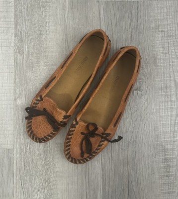 Vintage Miu Miu Moccasin Loafers Cognac Leather Brown Stitching Sz 35.5 / US 5.5