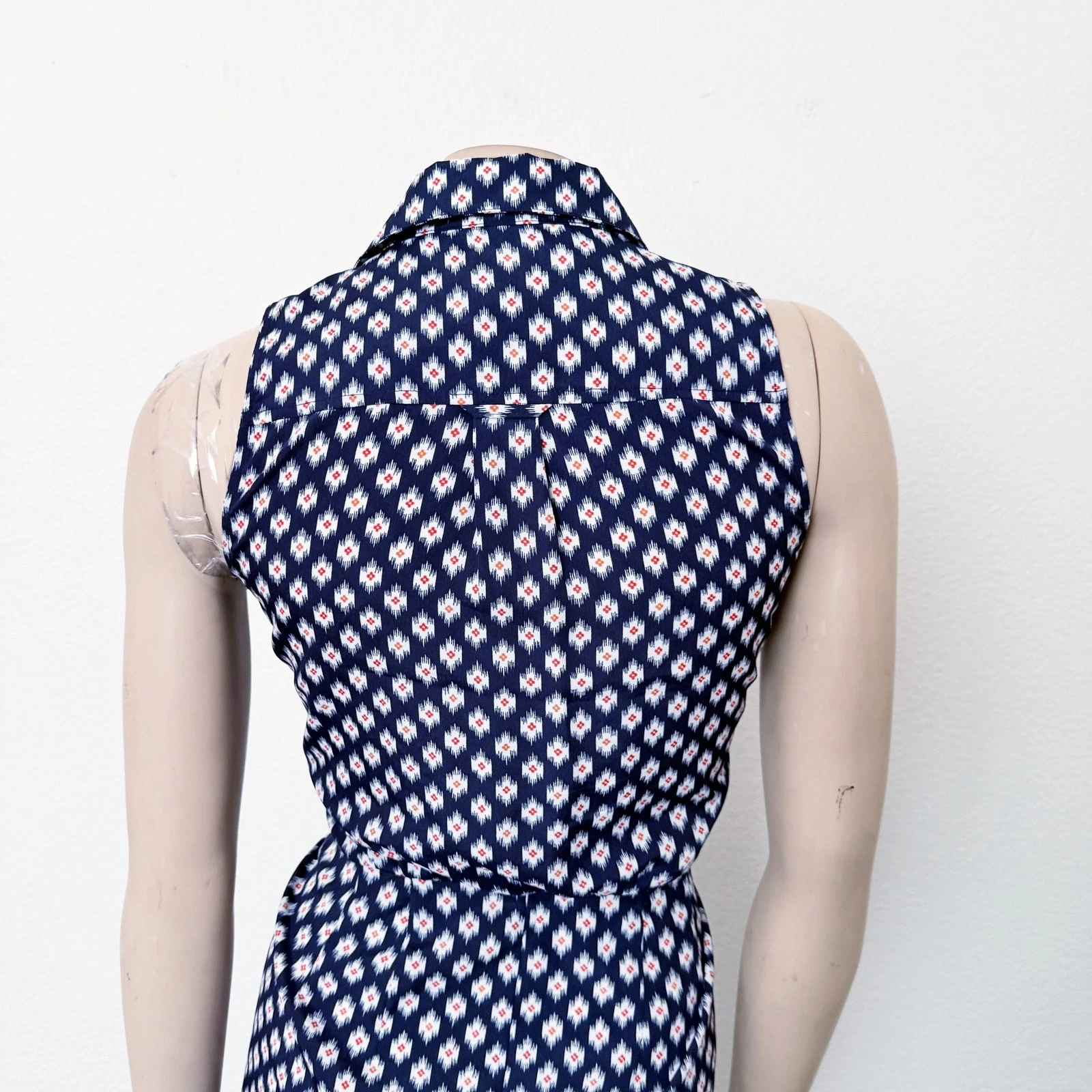 Abito mini camicia Michael Michael Kors taglia 0 blu stampa Ikat senza maniche nodo cravatta