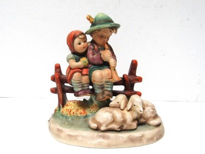 Goebel Hummel Eventide Figurine #99 - Boy & Girl on Fence w/ Lambs - 4-3/4''H