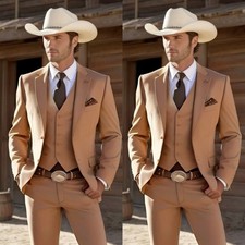 Casual Khaki 3Pcs Men's Suits Slim Fit Notch Lapel Jacket Evening Dinner Coat