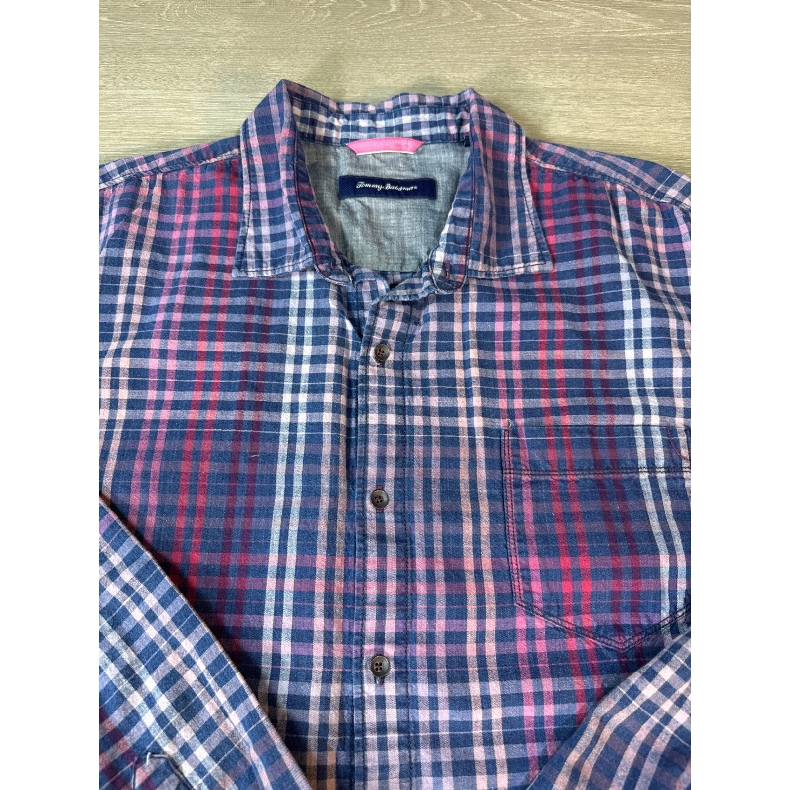 Tommy Bahama Mens Plaid Long Sleeve Button Up Shirt Blue Pink XXL Cotton