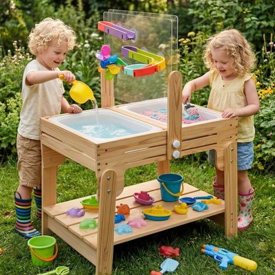 Water Table for Toddlers, Adjustable Height Wooden Sand and Water Table with 2 C