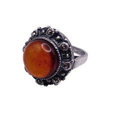 Vintage Sterling Silver and Amber Stone Ring Size 6 with Marcasite Midcentury