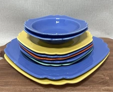 VTG Homer Laughlin RIVERA Dish Set 9 Plate Bowl Blue Yellow Orange Green Fiesta