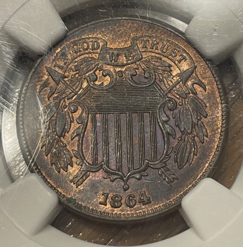 1864 Large Motto Two Cent Piece 2c NGC MS63RB Medallic Alignment - Picture 2 of 4