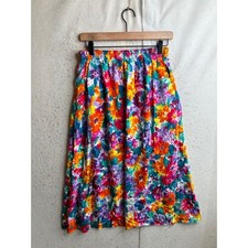 Vintage Sag Harbor Floral Midi Skirt Multi Color Elastic Waist Pockets 7853 S