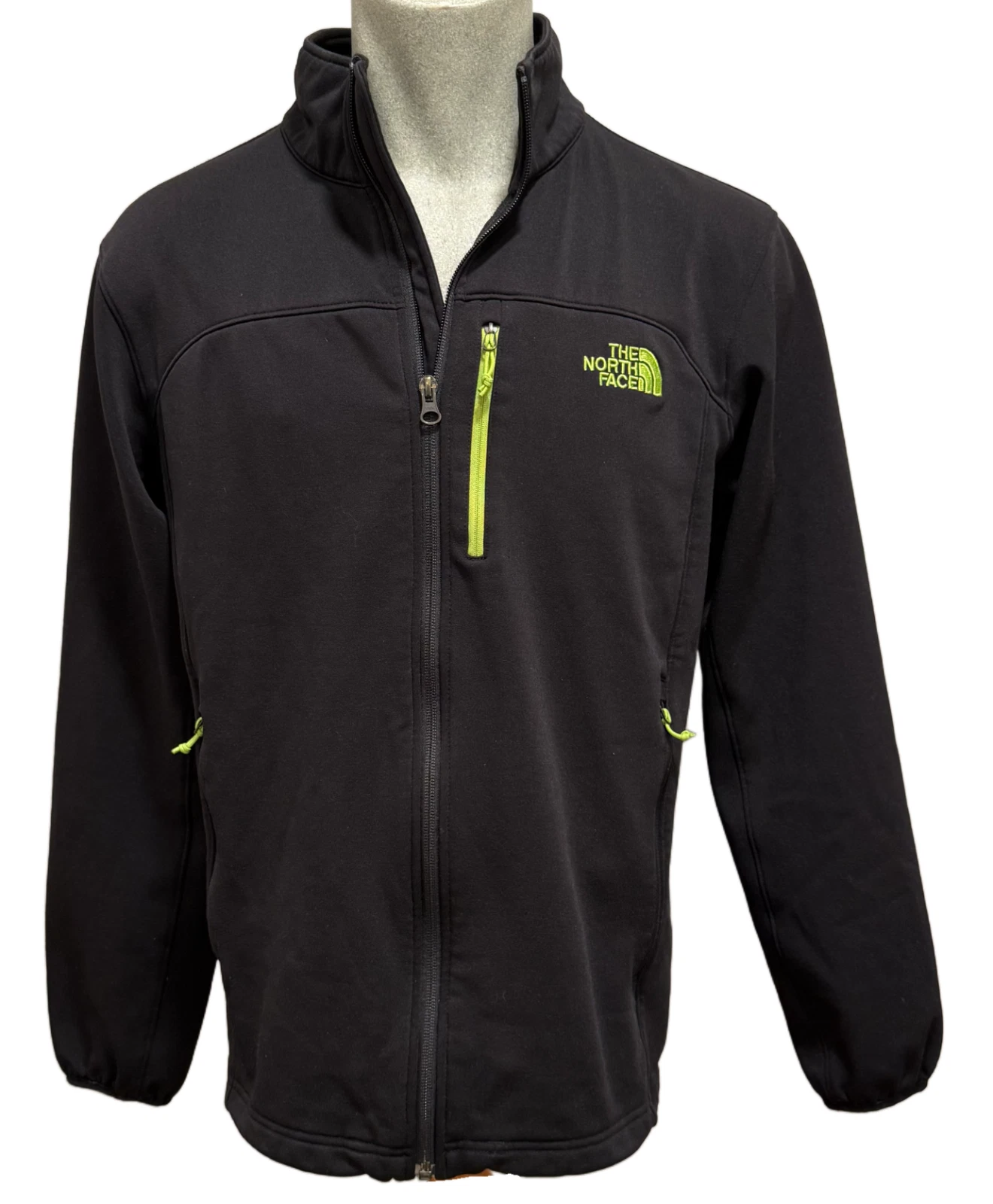 The North Face Men’s Sz Medium Black Jacket Neon Green Accents Pockets Full Zip