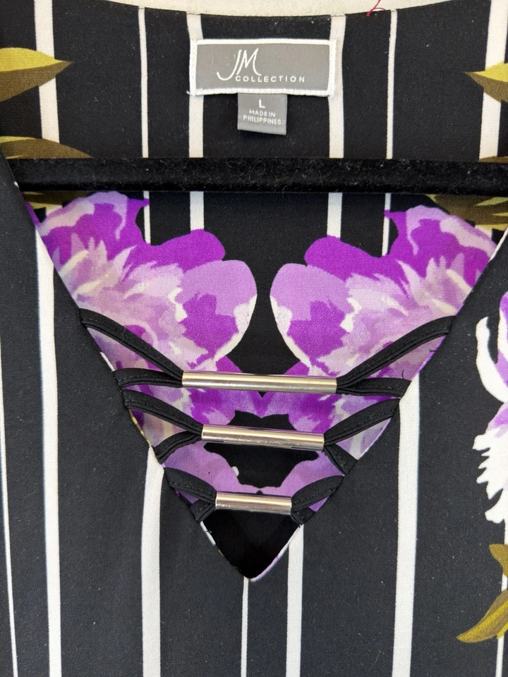 JM Collection Women’s Size L 3/4 Sleeve Floral Print Black Purple White - Image 2 of 4