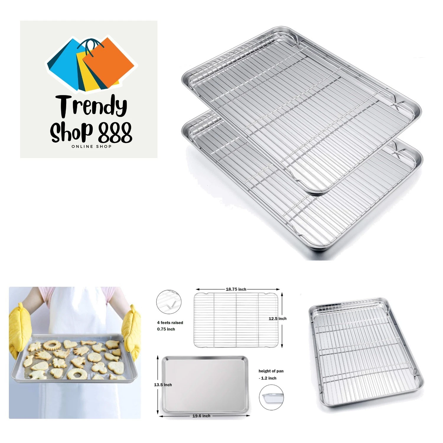 19.6 Inch Stainless Steel Baking Sheet with Rack Set 2 Pans+ 2 Racks, Cookie ...