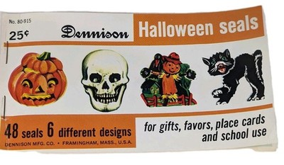 Vintage Dennison Halloween Seals Book 6 Designs Skeleton Black Cat Witch