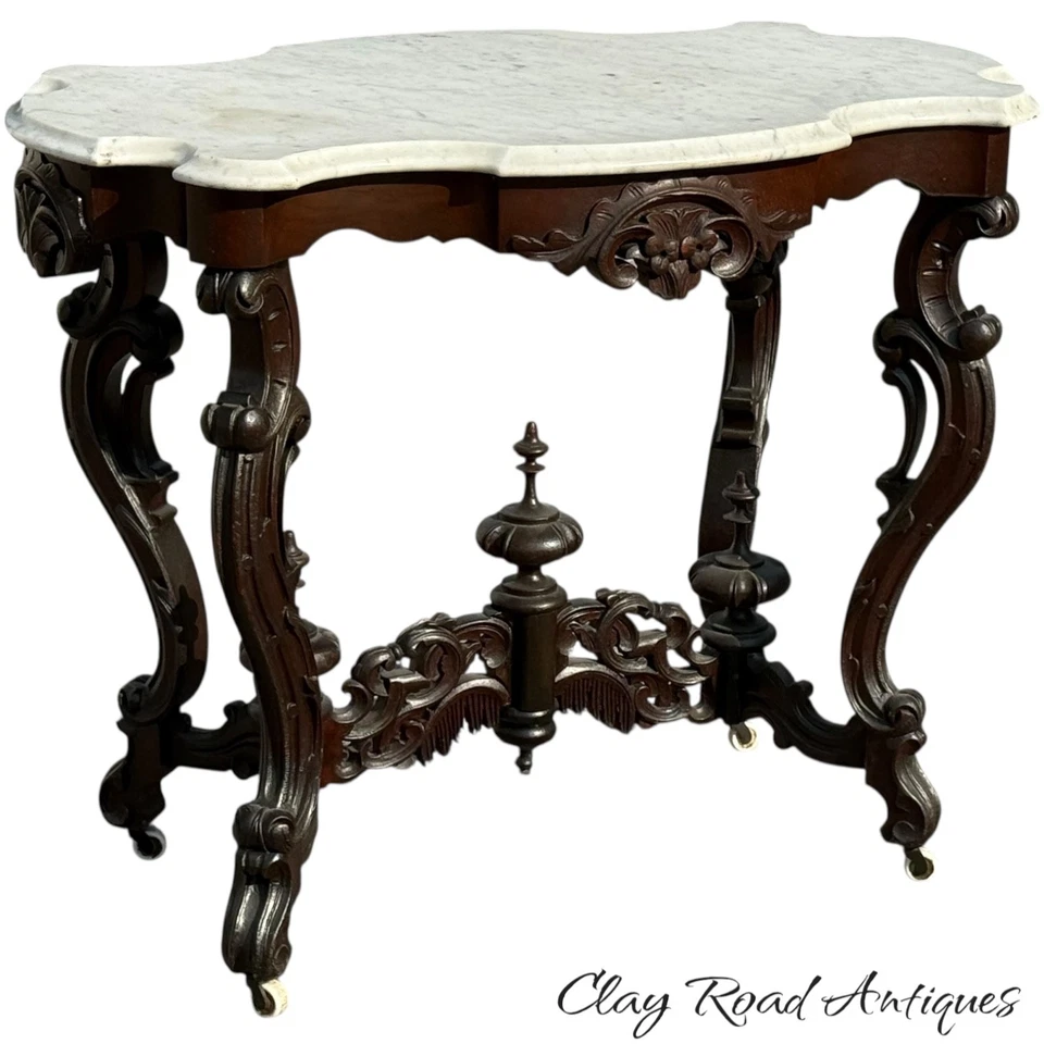 antiguo Rocco tallado caoba victoriano tortuga mármol mesa centro salón Foto 2 de 4