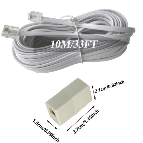 33 Ft Telephone Extension Cord RJ11 Plug with Coupler White 6P4C Modular - Picture 2 of 6