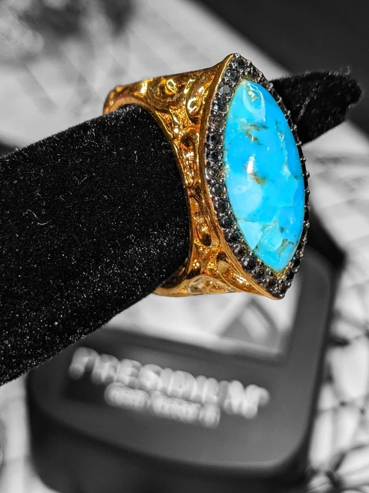 Винтажное золотистое кольцо с бирюзой и черными стразами размер 11 стиль ар-деко - Изображение 2 из 4