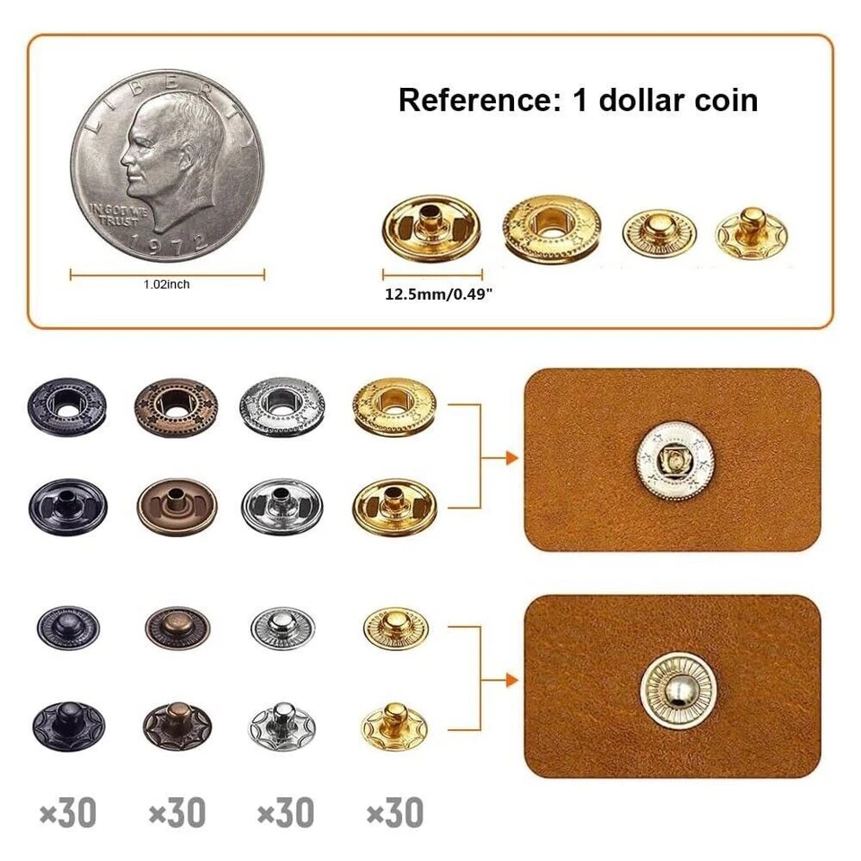 120 Sets Heavy Duty Leather Snap Fasteners Kit Press Stud Button w/ Hammer Tools - Image 2 of 4