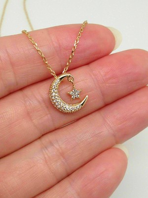 0.70Ct Round Simulated Diamond Moon Star Pendant Necklace 14K Yellow Gold Plated
